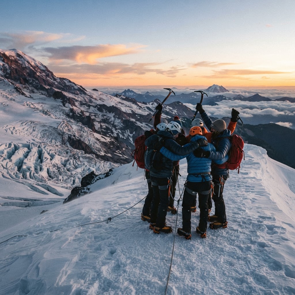 Alpiniști pe creasta înzăpezită a muntelui Rainier