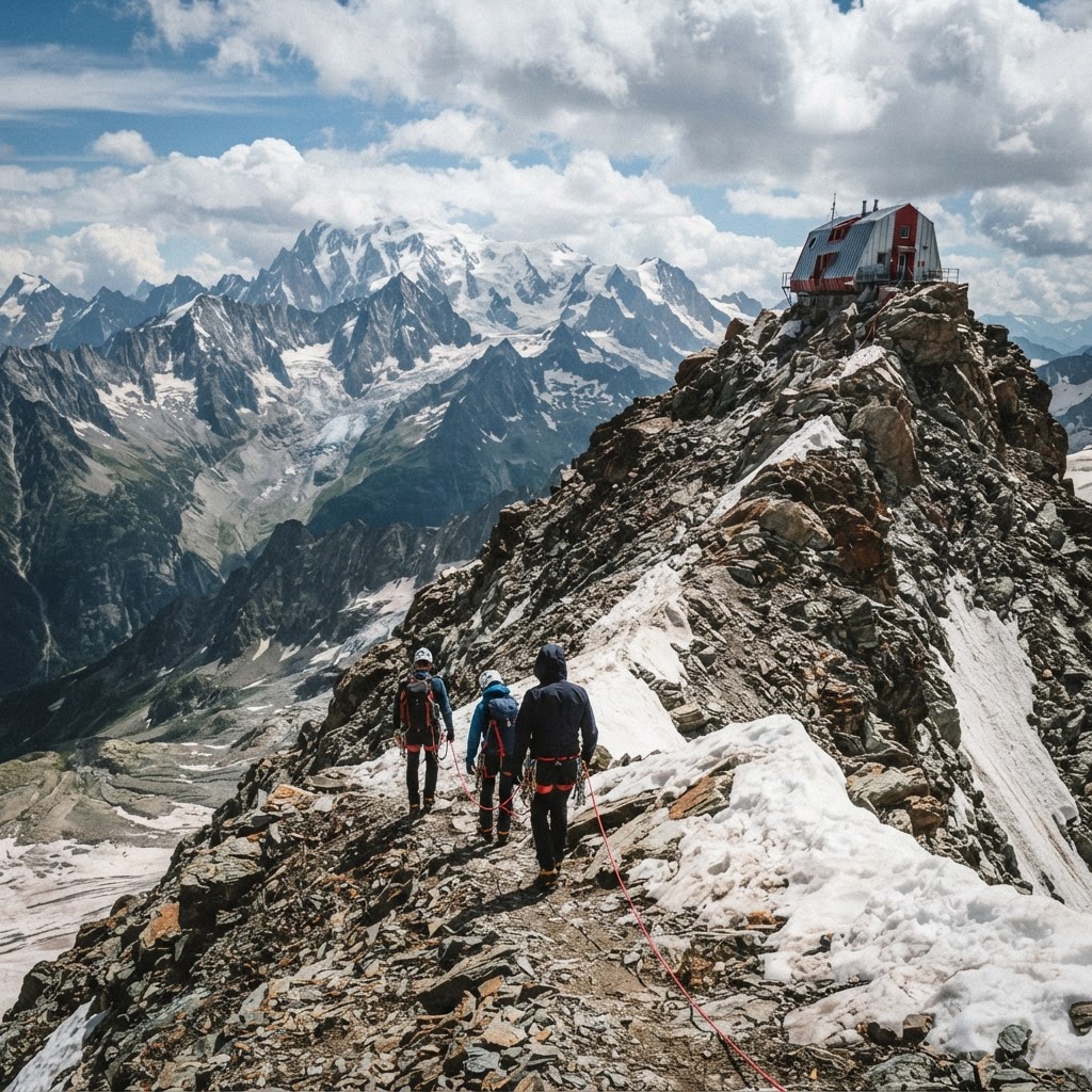 Refugiul Goûter situat pe creasta stâncoasă a masivului Mont Blanc în condiții de vară.