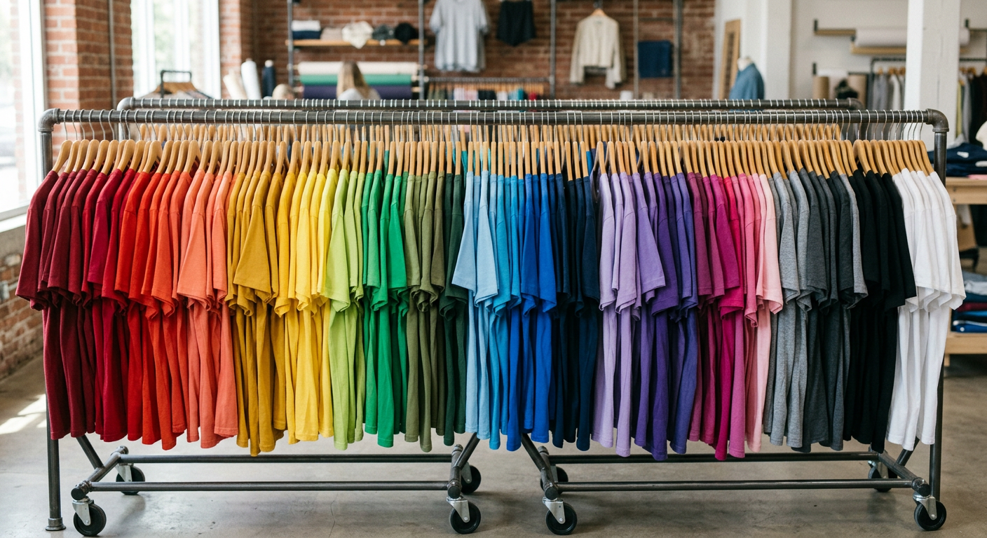 A rolling rack filled with blank t-shirts in every color