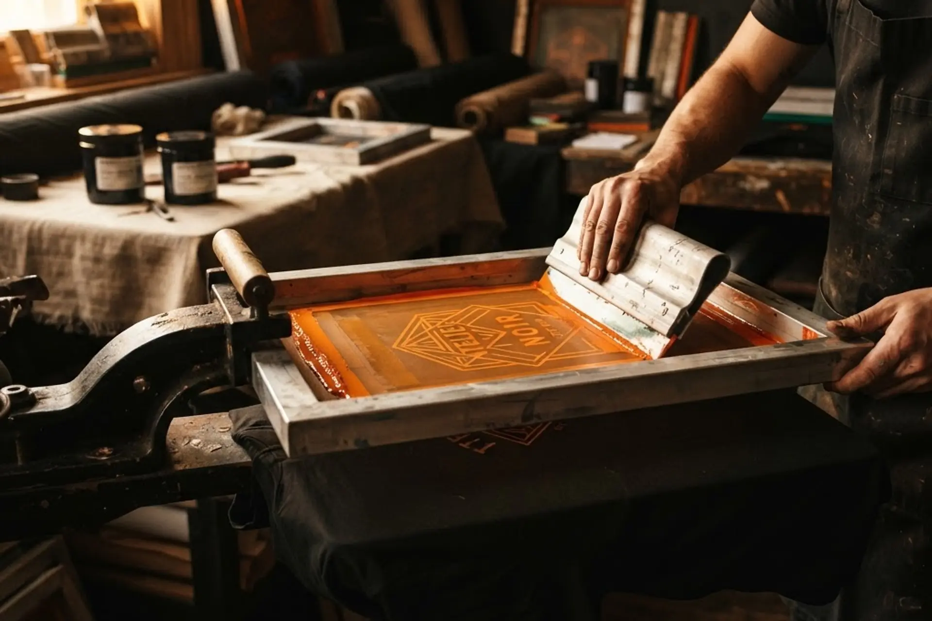 Screen printing press applying ink to a premium t-shirt