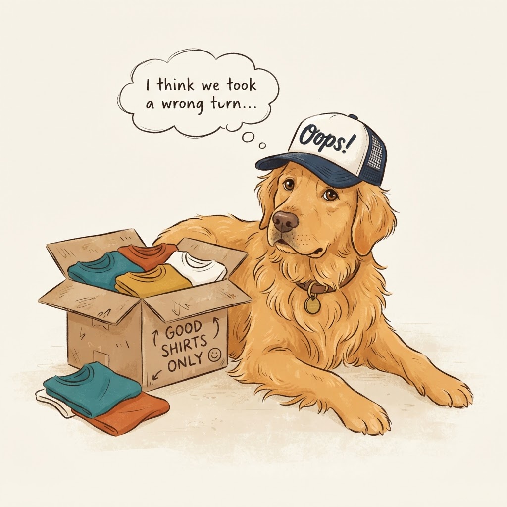 A friendly golden retriever wearing an 'Oops!' trucker cap next to a box of colorful shirts