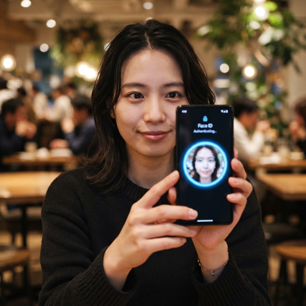 スマホでモッピーの顔認証を行う大学生のイメージ