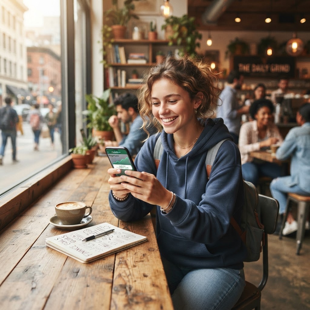 カフェでスマホを使ってポイ活をする大学生