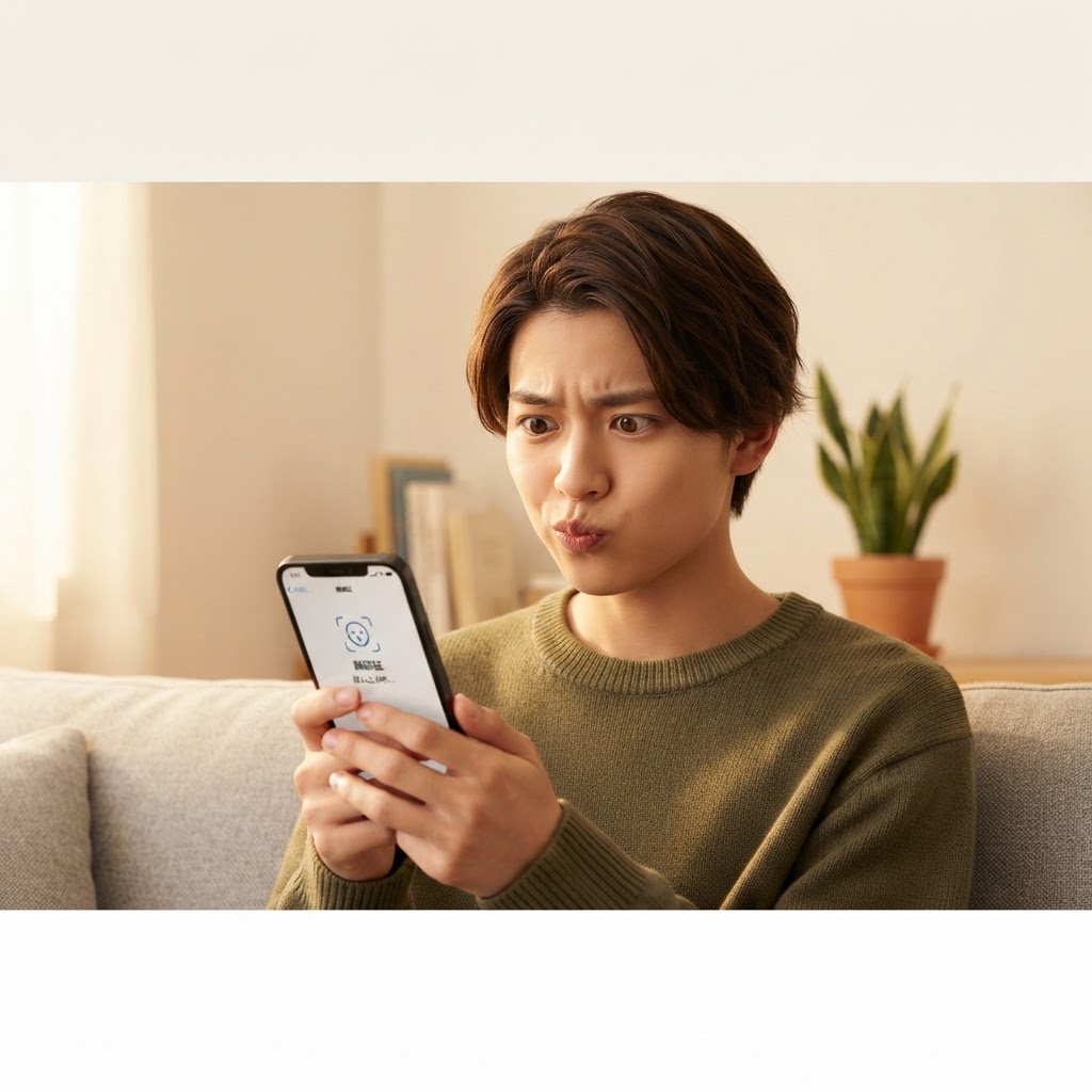 スマホを持ち、顔認証に対して少し不安そうにしている大学生の様子