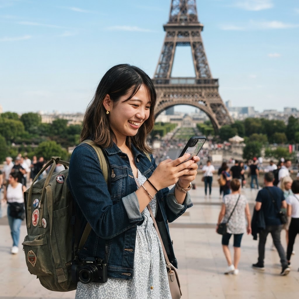 海外旅行中にスマートフォンを操作する大学生
