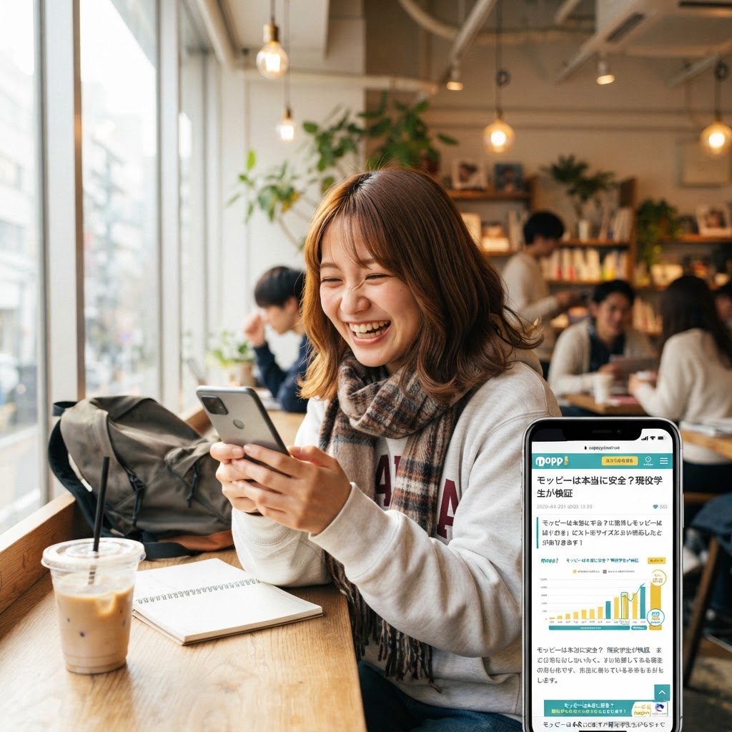 スマホを持つ大学生が安心した表情でポイ活をしている様子