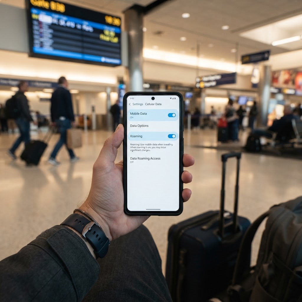 空港で国際ローミング設定を確認するスマートフォン画面