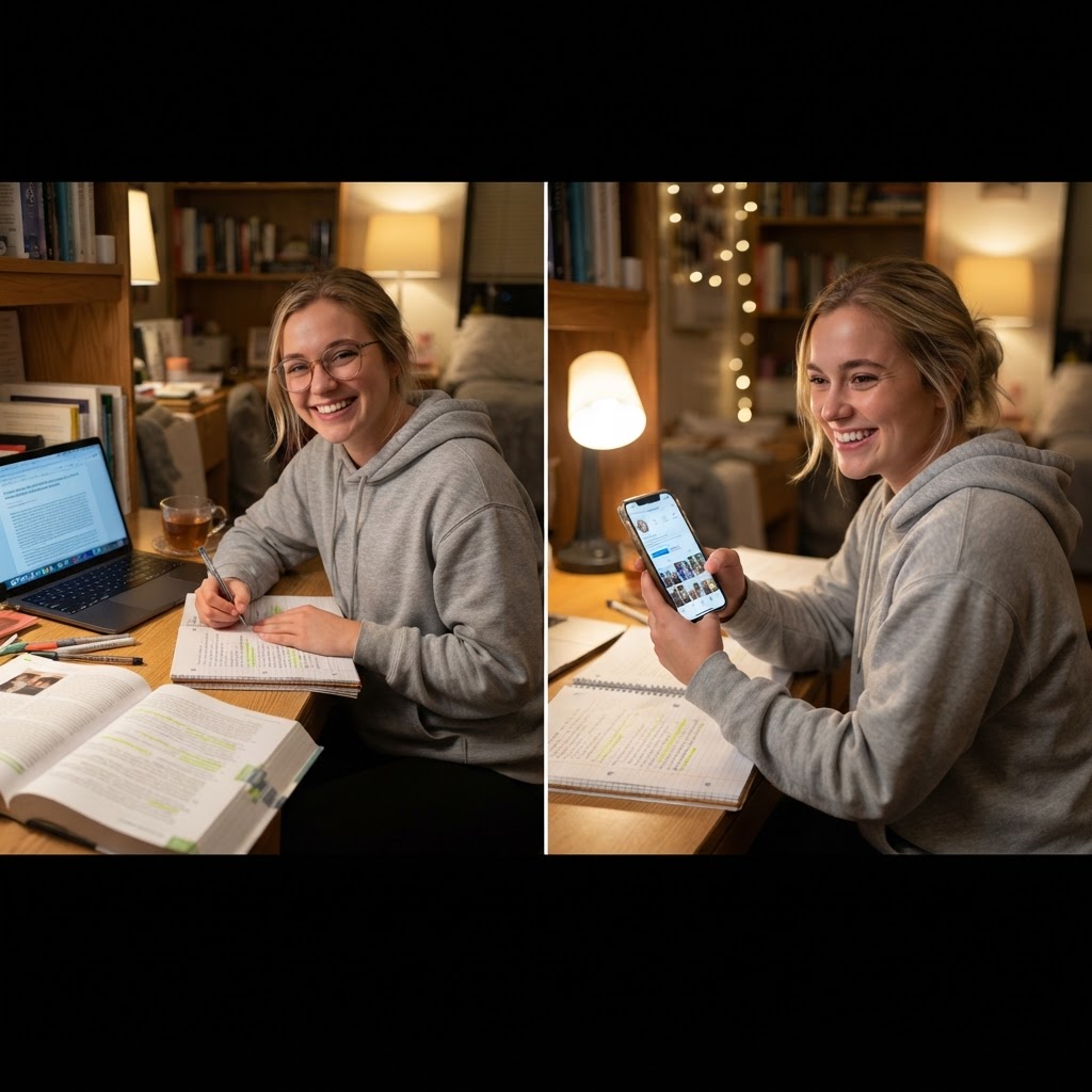 大学生が勉強の合間にスマホでポイ活をする様子