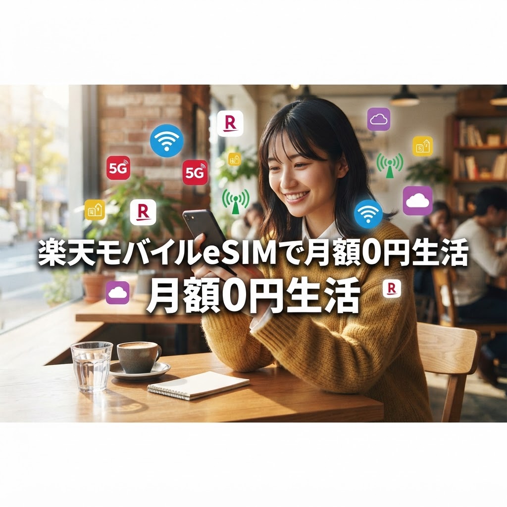 スマホを持つ大学生と楽天モバイルのアイコン