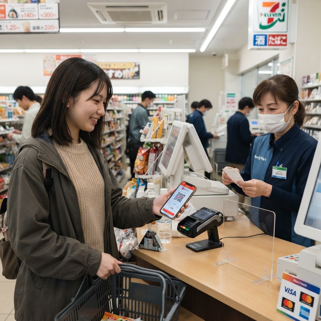 コンビニでモッピーPayのQRコード決済を利用する大学生