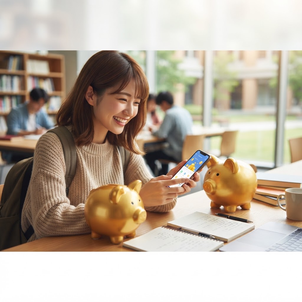 スマホを見て喜ぶ大学生と貯金箱