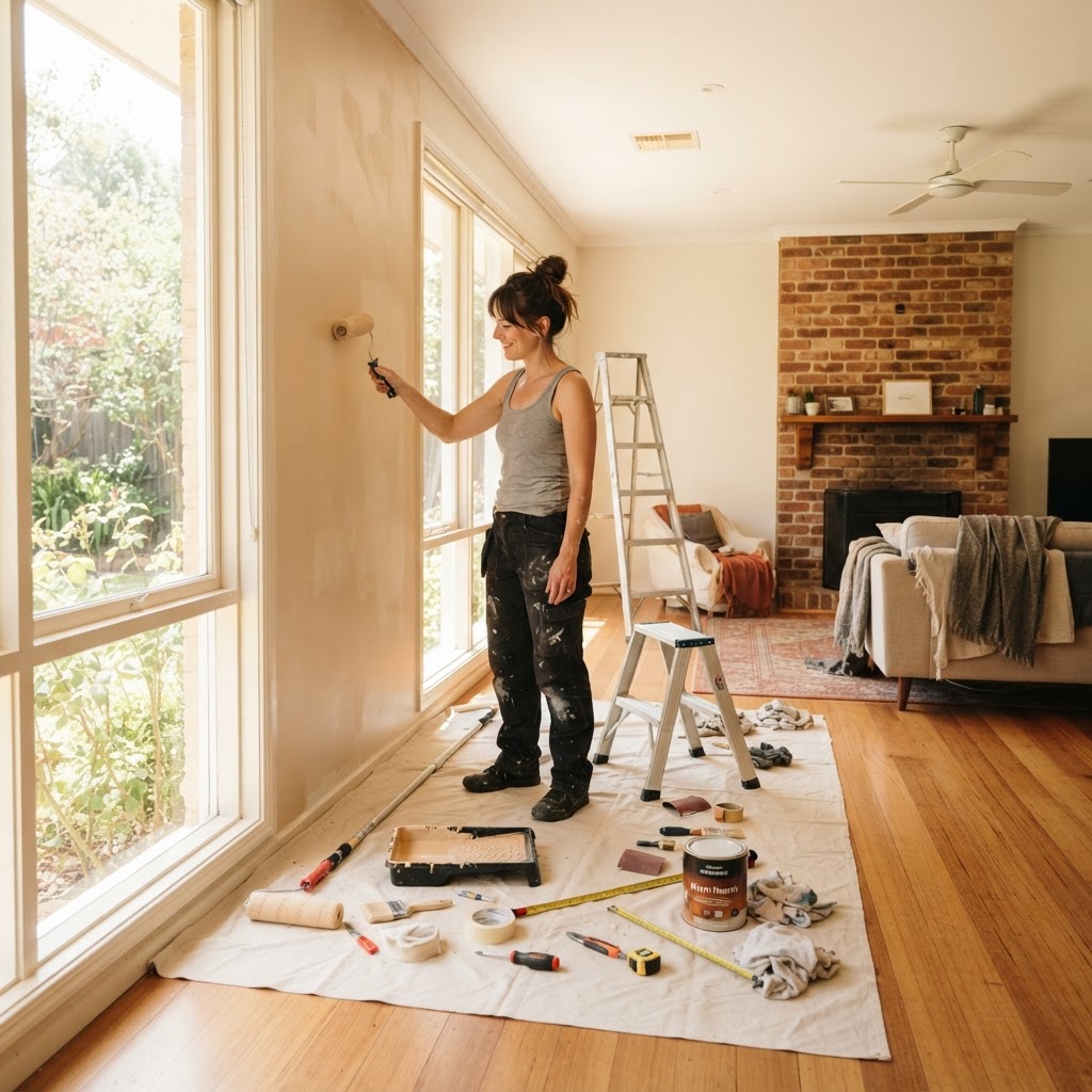 DIYで古い家のリフォームに取り組む女性の様子