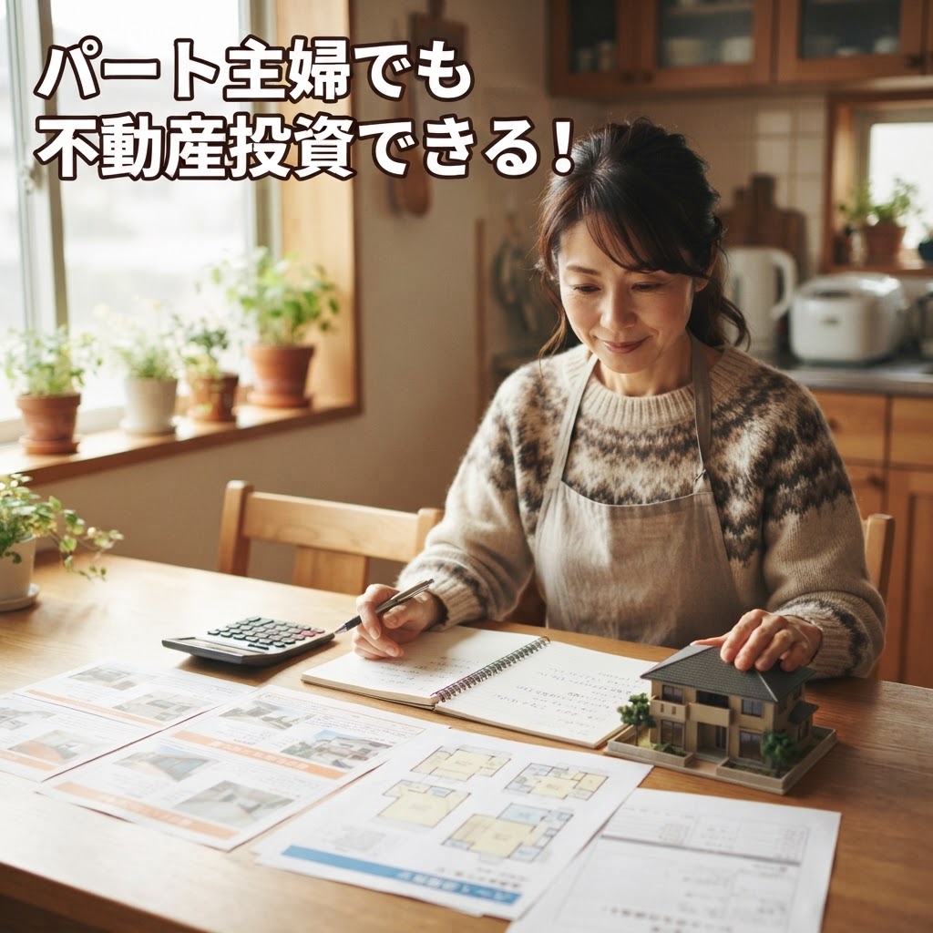 パート主婦が自宅で不動産書類と模型の家を確認しているイメージ