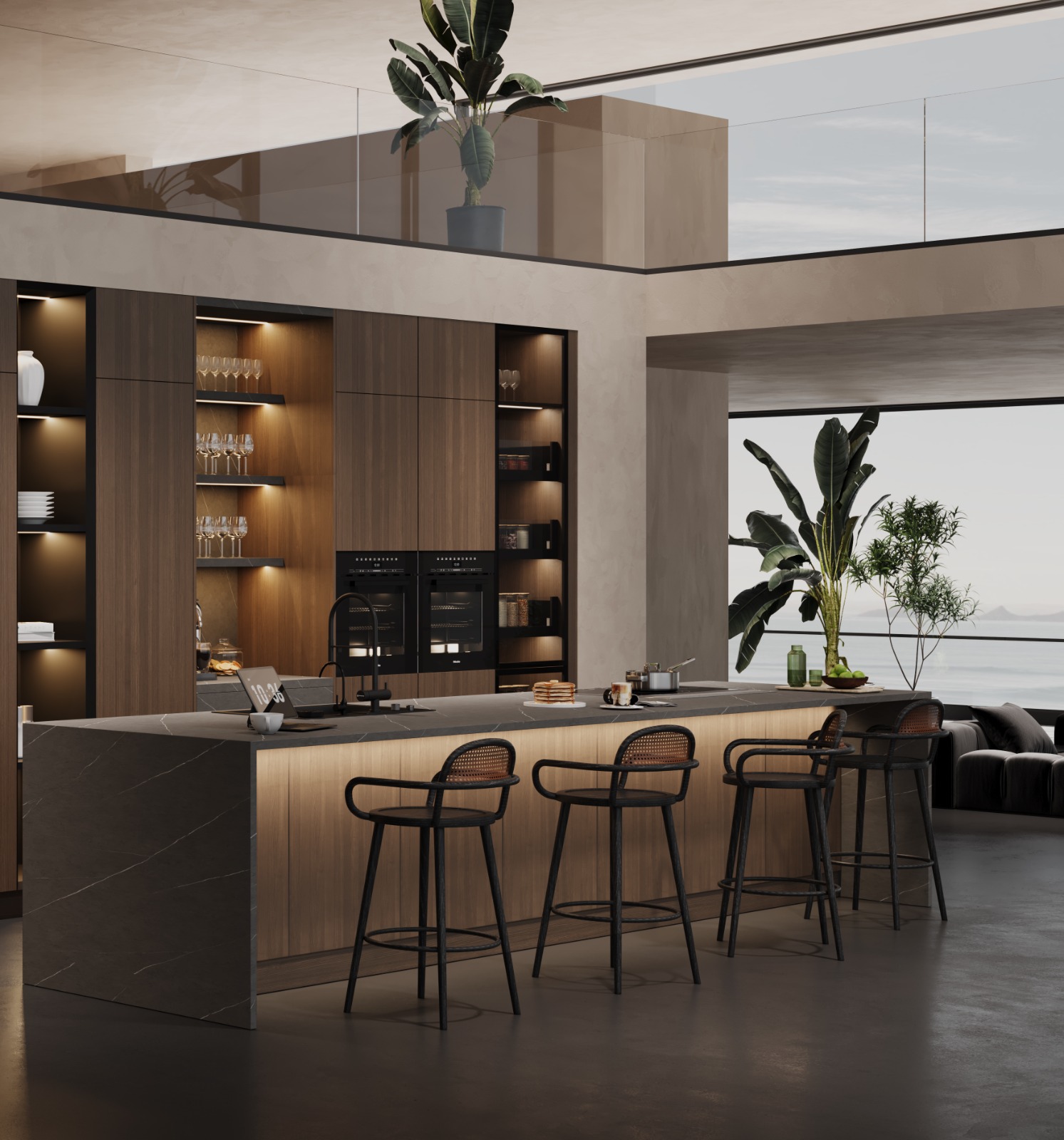 Walnut Wall & Dark Marble Island