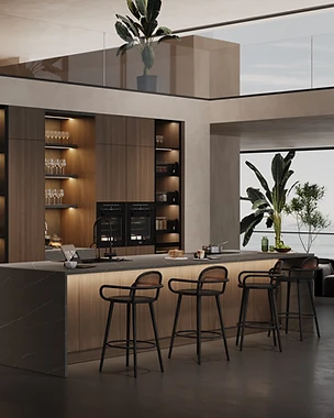 Walnut Wall & Dark Marble Island