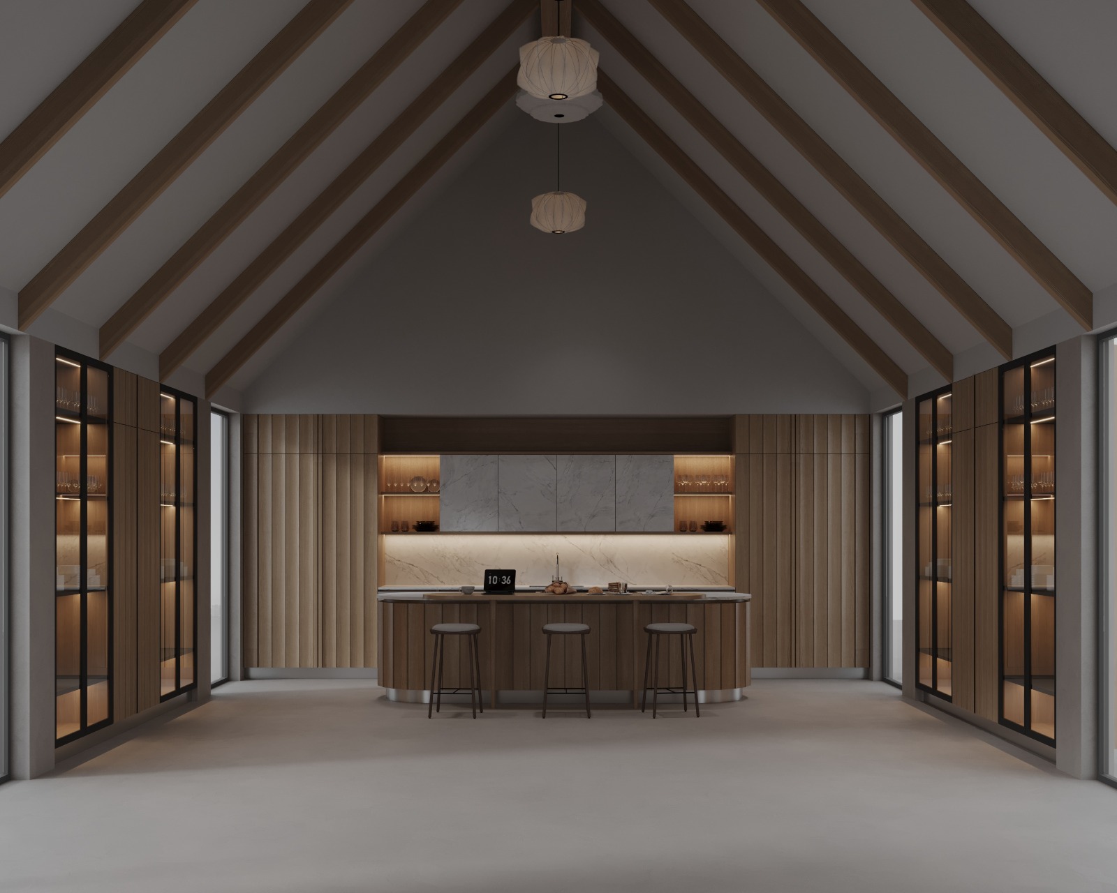 Custom kitchen with vaulted ceiling and light wood cabinetry by Indoorra