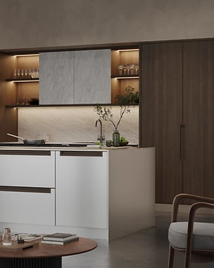 Dark Slat Cabinetry & Marble Niche