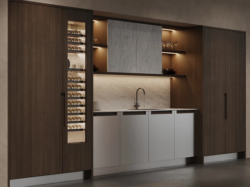 Wine column and marble workstation in a custom Indoorra kitchen