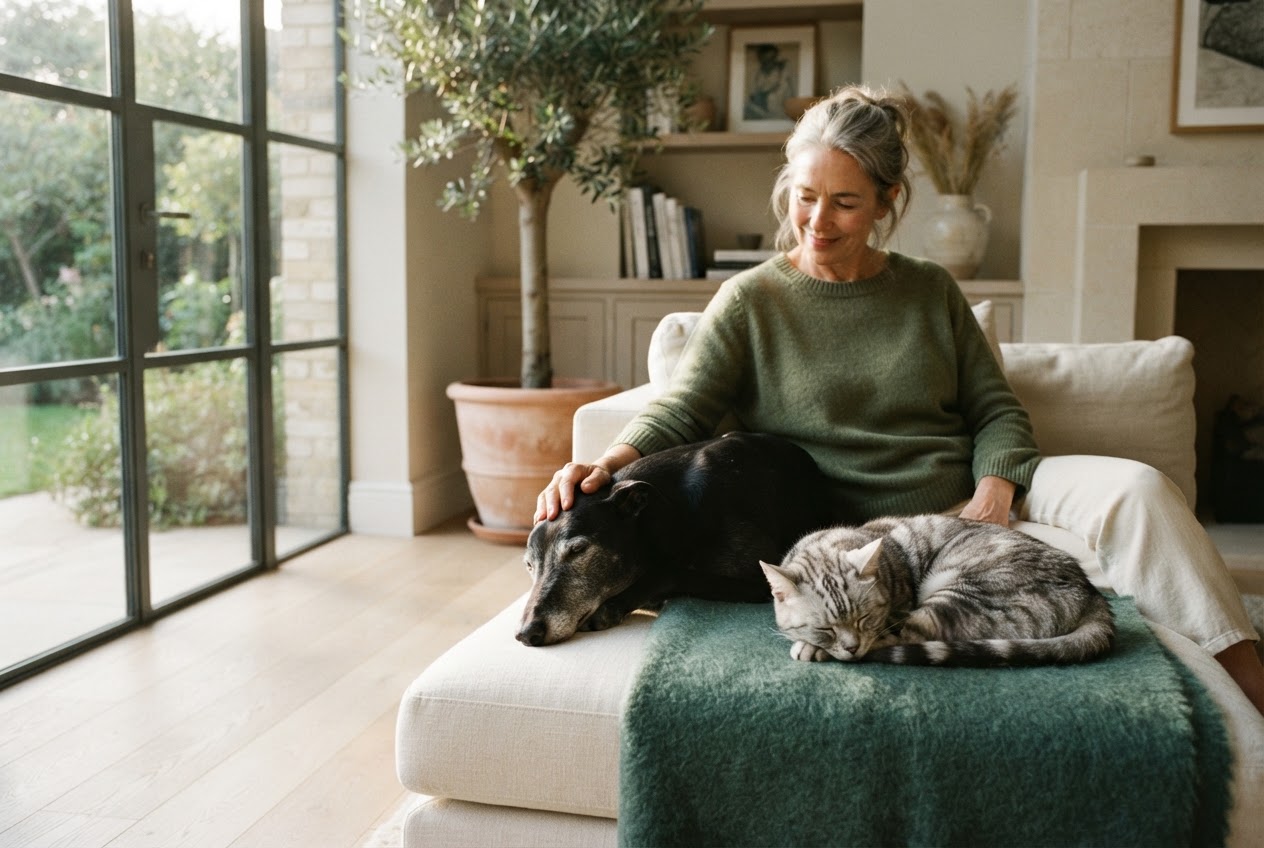 An older dog and cat resting with their owner