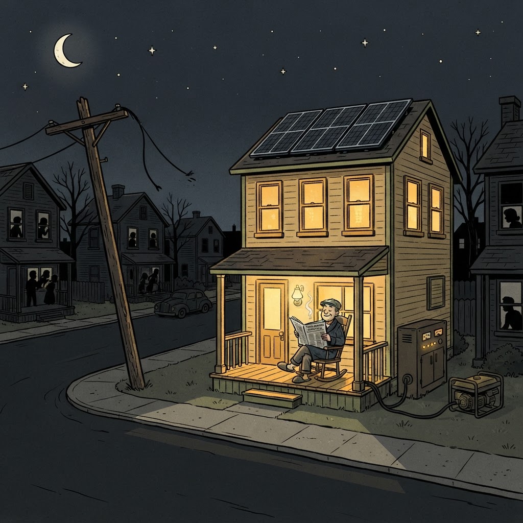 During a neighborhood blackout, one house glows with power from its battery bank, generator, and rooftop solar.