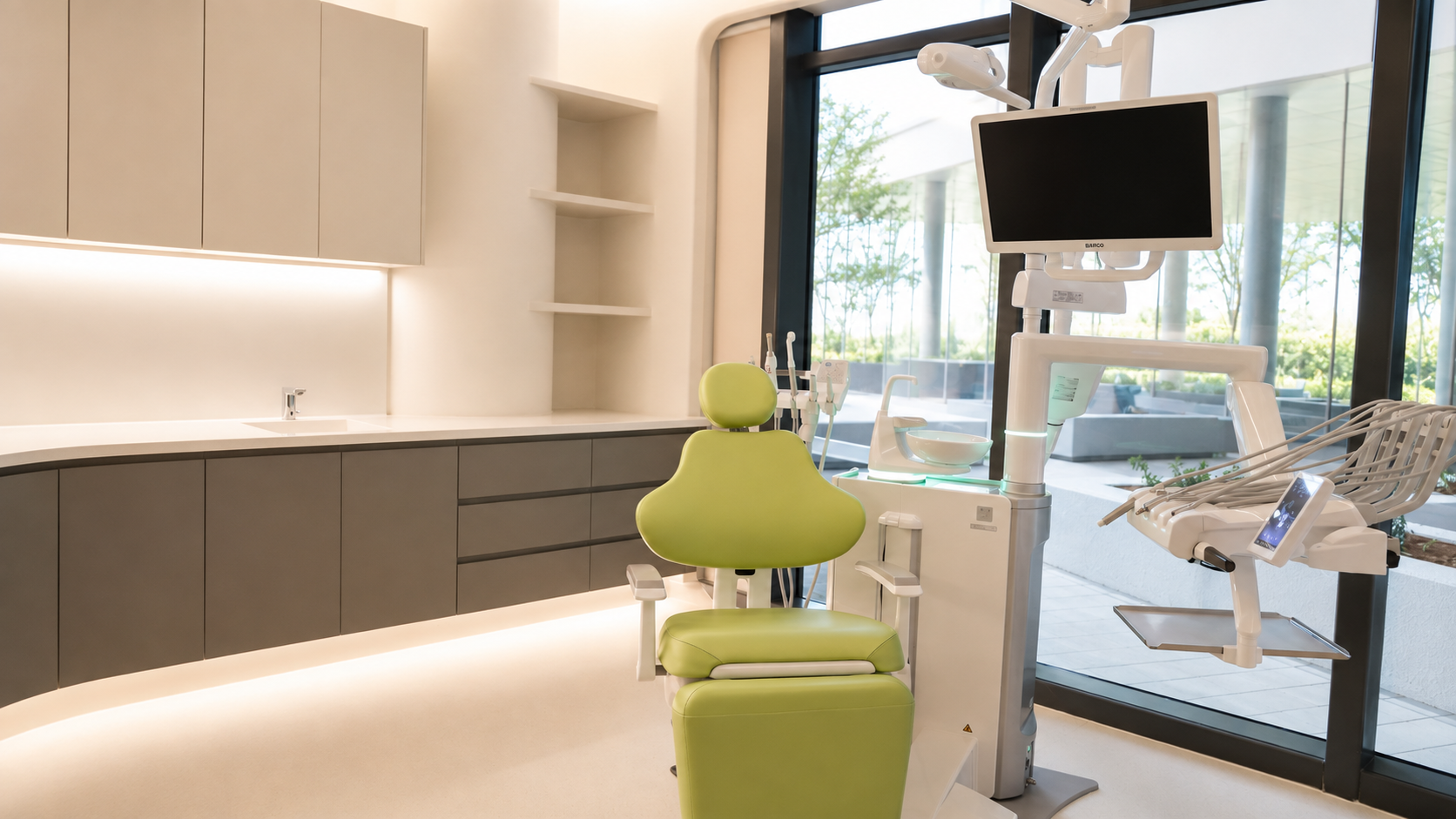 Dental examination room with garden view at Tham Oralcare Yas Island