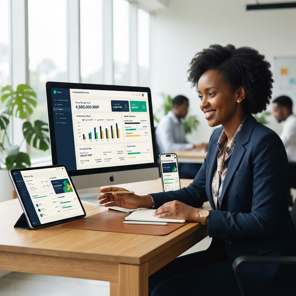 Digital savings management dashboard on web, tablet and mobile for Rwandan professional community