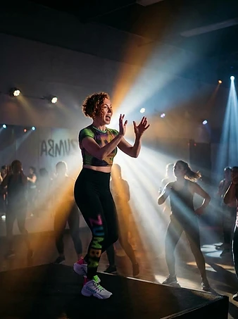 Pauline Dougald leading a live Zumba class on stage