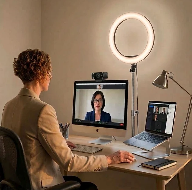 Woman on a virtual coaching call at a home office desk with a ring light
