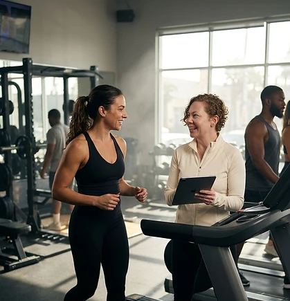 Two women talking beside the treadmills after a training session