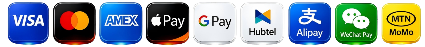 Accepted payment methods: Visa, Mastercard, AMEX, Apple Pay, Google Pay, Hubtel, Alipay, WeChat Pay, MTN MoMo