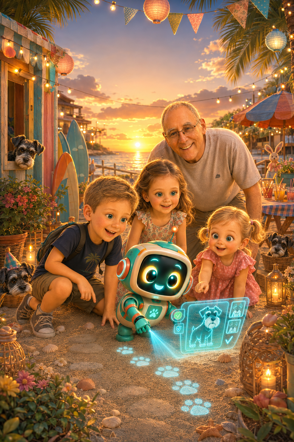 Cover of the LuzIA story with Martín, Inés, Alba, Grandpa José, LuzIA and the dogs Pluto, Bimba and Mía
