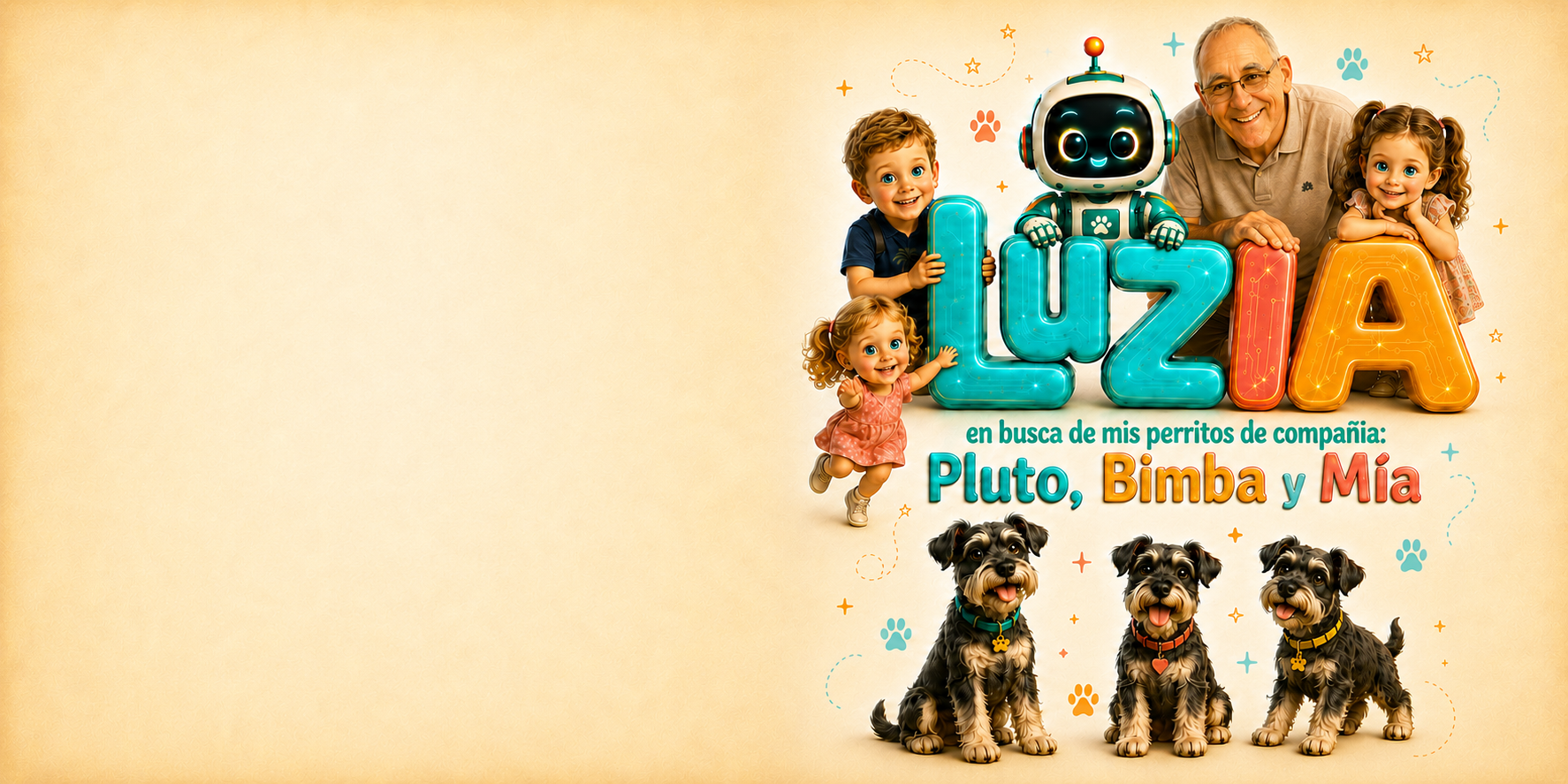 Pluto, Mía and Bimba in illustrated version from the story