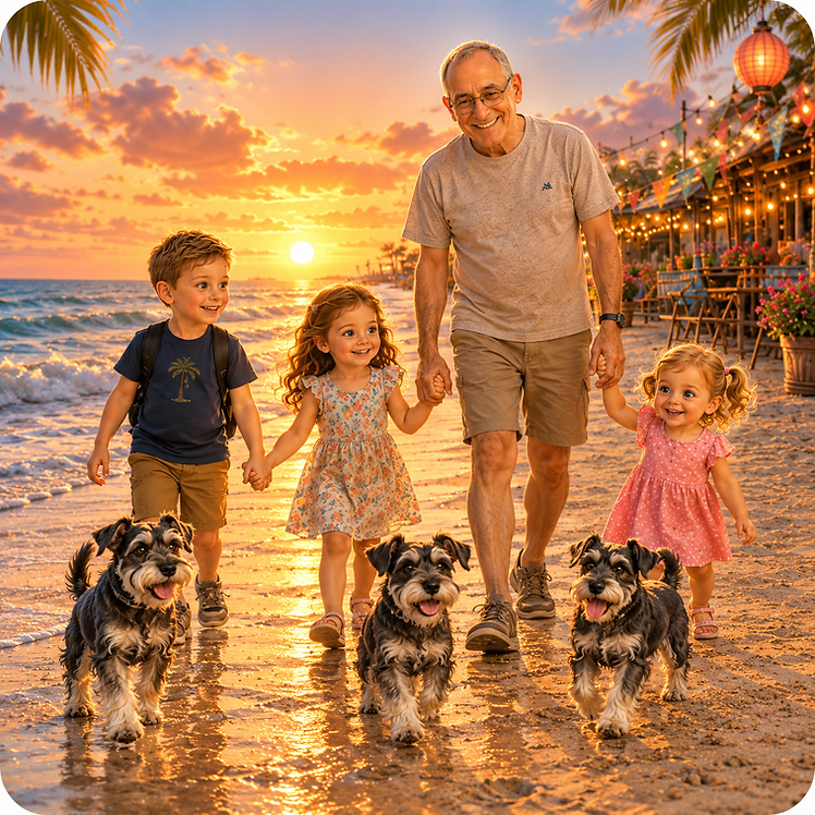 Family walk at sunset by the sea
