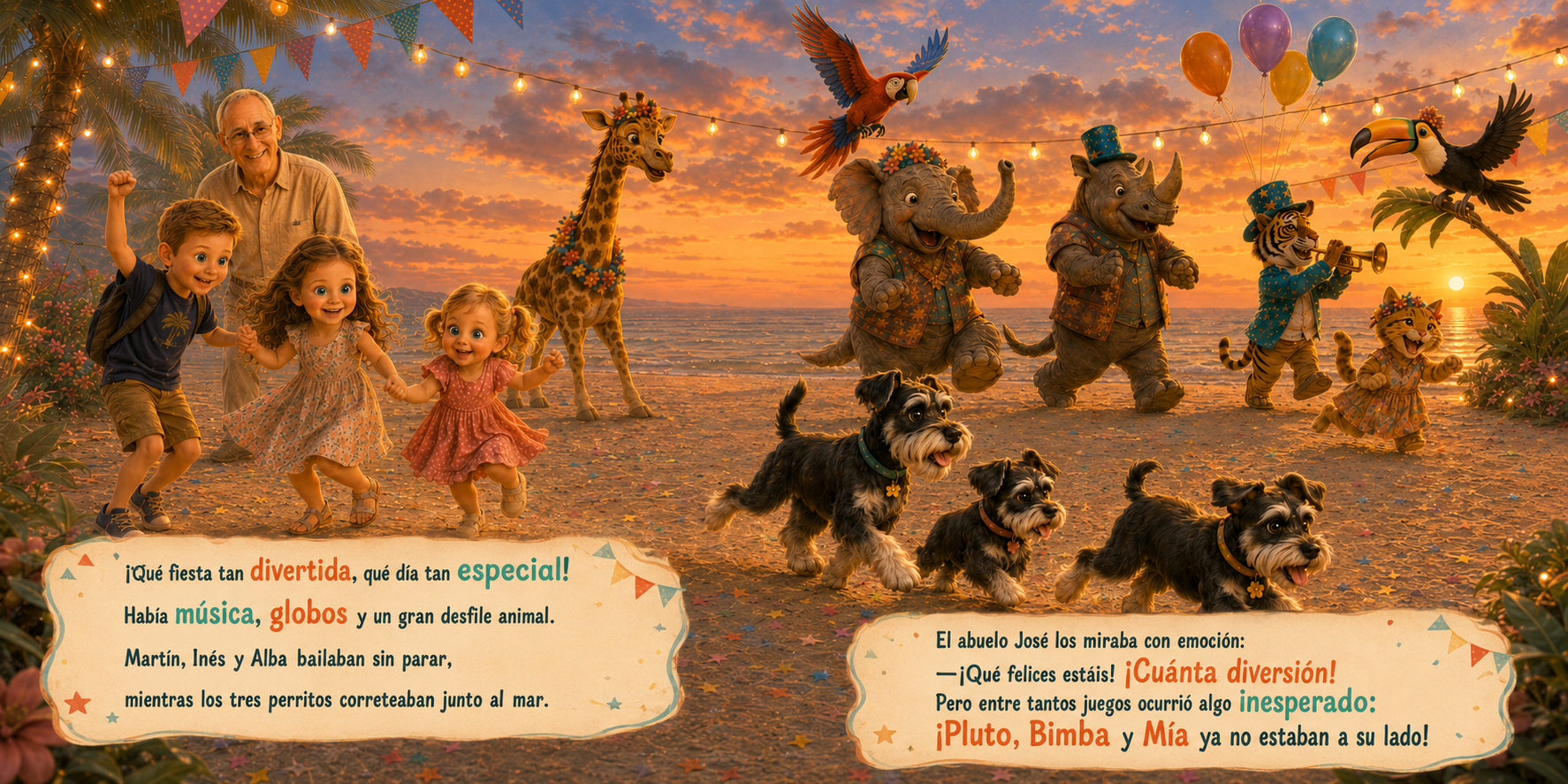 The family enjoying the beach party with the dogs