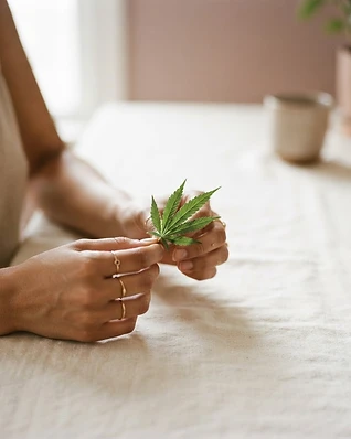 Hands holding a cannabis leaf on linen