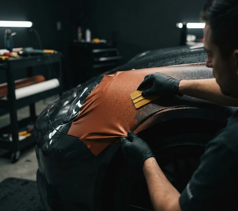 Gloved hands applying a matte burnt-copper vinyl wrap to a dark sports car fender
