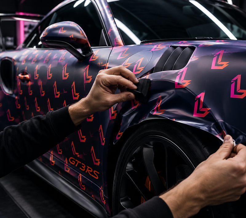 Gloved hands applying a pink-and-orange L-pattern vinyl wrap to a dark sports car fender