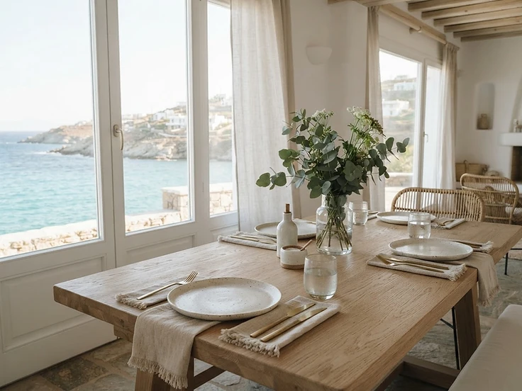 Beautifully set dining table in a bright coastal holiday villa