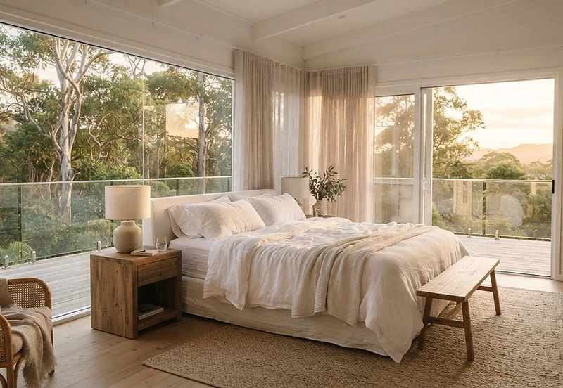 Sun-drenched Byron Bay holiday rental bedroom with fresh linen