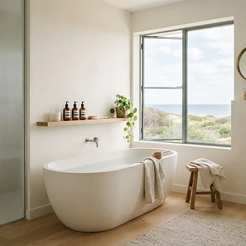 Pristine bathroom with folded towels