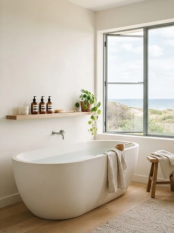 Pristine coastal bathroom with premium toiletries