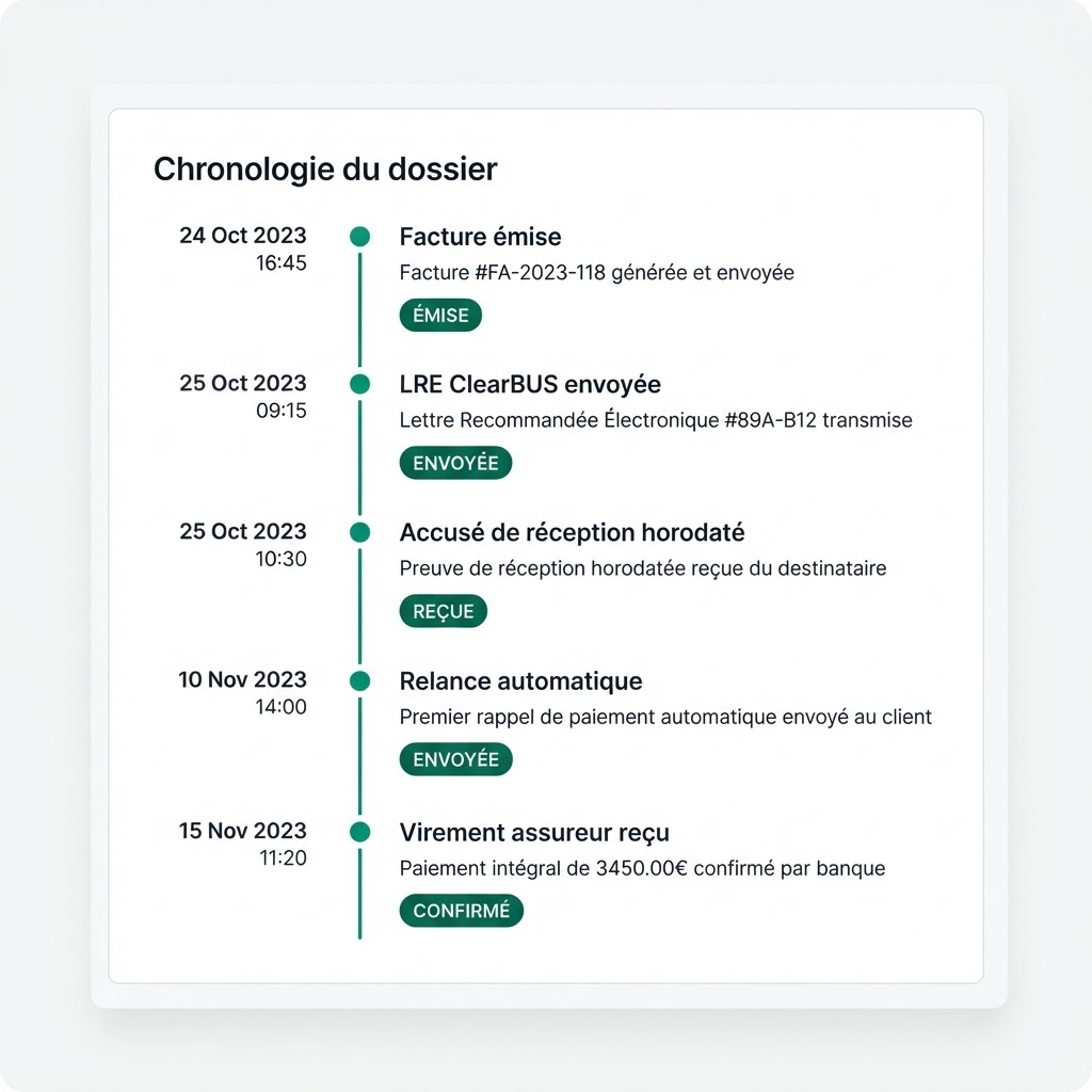 Capture — Chronologie d'un dossier : envoi LRE, accusé de réception, paiement