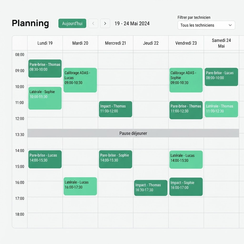Capture pleine largeur — Planning hebdomadaire OneMaster avec créneaux techniciens