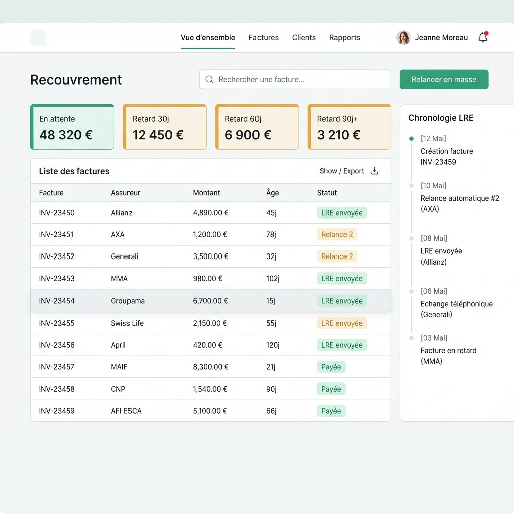 Capture — Tableau de recouvrement : impayés par âge et par assureur, relance en masse, chronologie LRE
