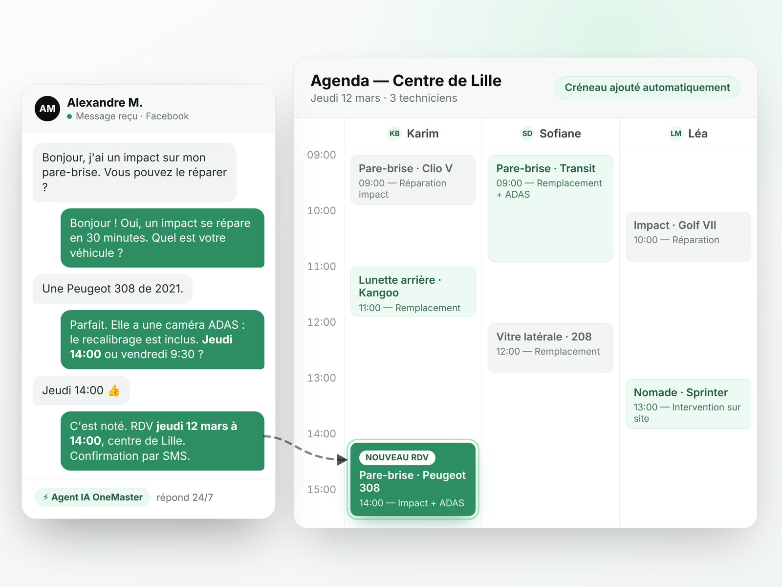 Capture — Conversation de l'agent IA et créneau ajouté à l'agenda OneMaster