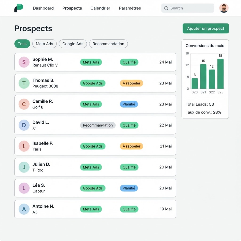 Capture — Vue Prospects / CRM avec source publicitaire et statut
