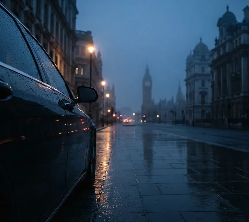 Rain-slicked London street at blue hour