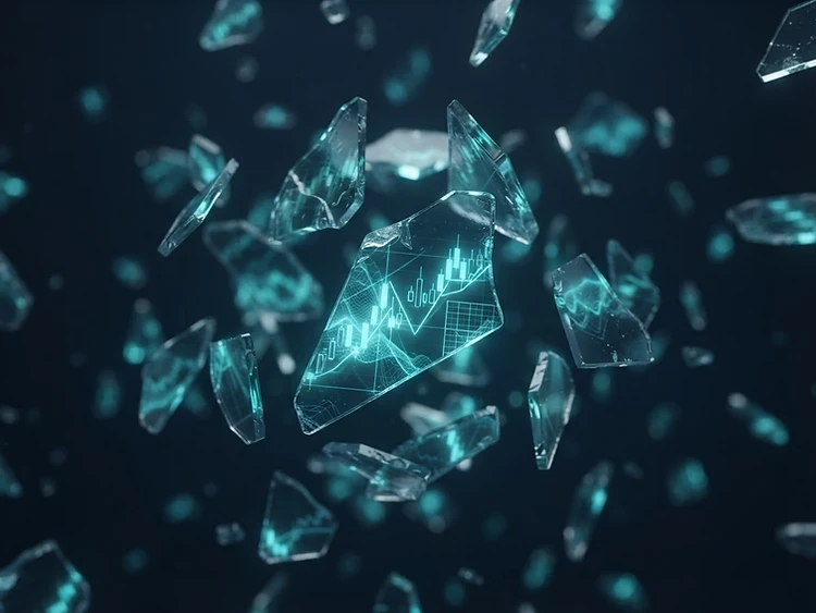 Glass-like trading analytics visualization with teal data patterns