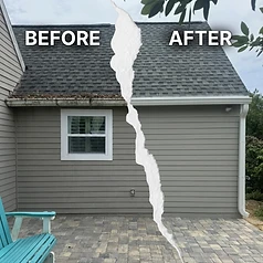 Before and after of a leaf-clogged front gutter line replaced with new white seamless gutter and fascia trim