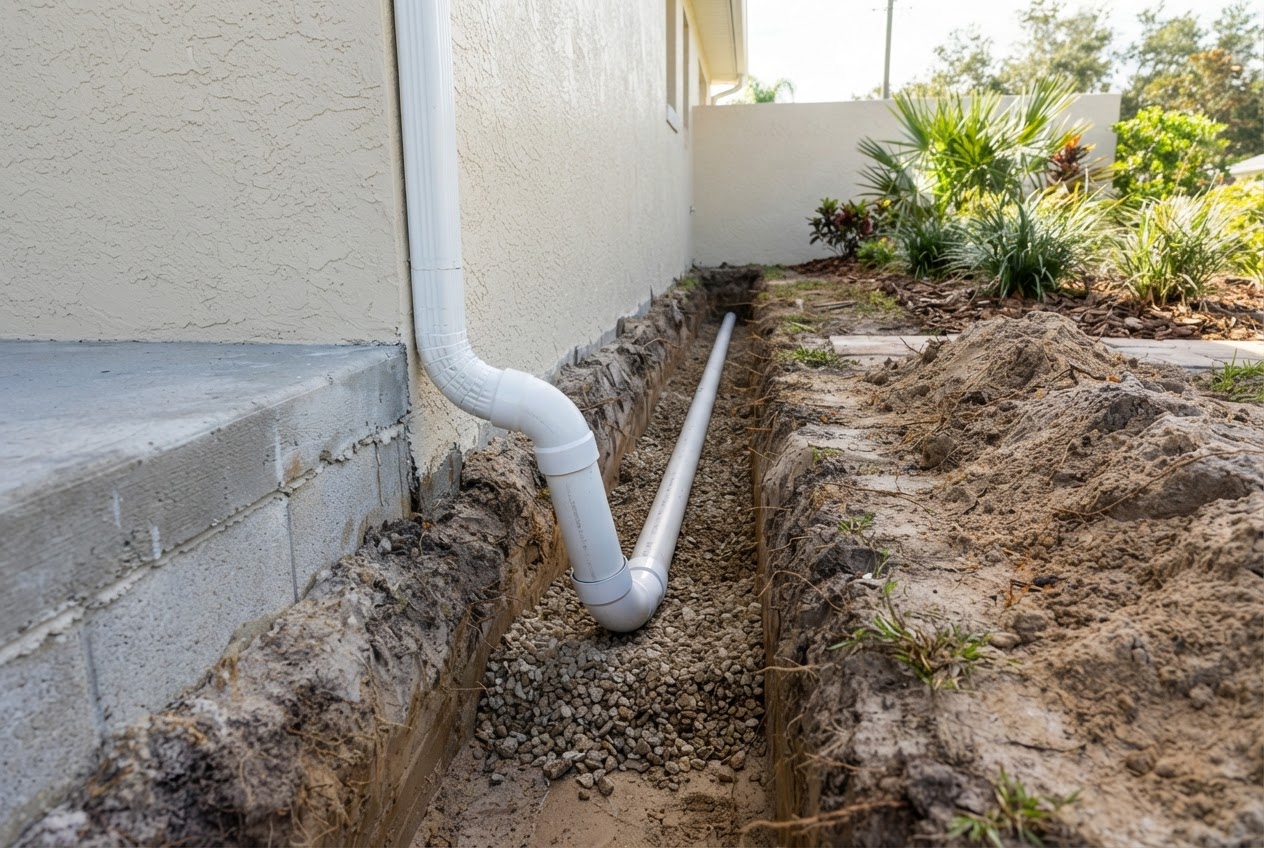 Open trench with PVC drainage pipe connected to a downspout along a Florida foundation